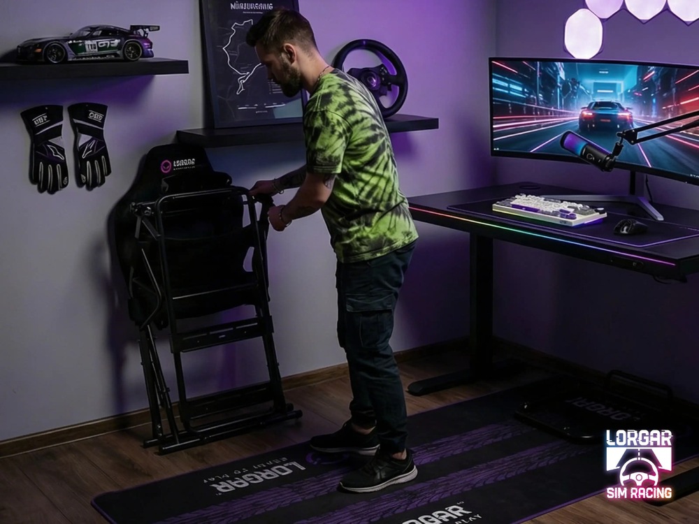Pretekársky kokpit Lorgar FLEX RAF1 čierny Muž zostavuje kokpit závodného simulátora vedľa monitora, na ktorom beží nočný závod; je obklopený herným vybavením a fialovým ambientným osvetlením.