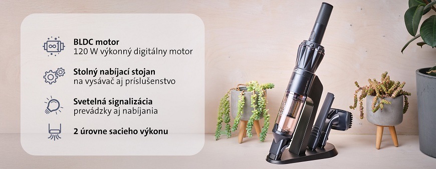 Vysávač akumulátorový ETA Handy Jet 3427 90000 sivý Ručný vysávač ETA Handy Jet uložený v nabíjacej stanici spolu s príslušenstvom vedľa okrasných kvetov v kvetináči a lucerny
