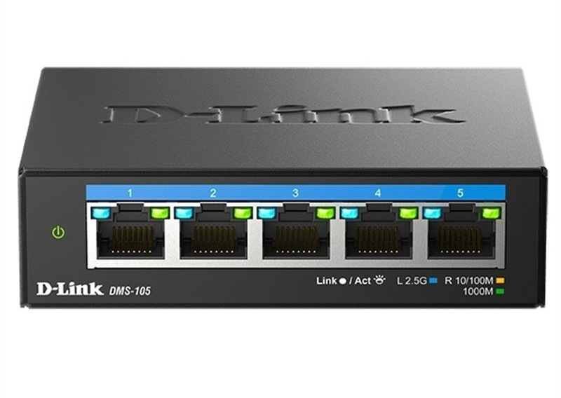 Switch D-Link DMS-105/E 5-port 2.5G Multi-Gigabit, čierna farba.