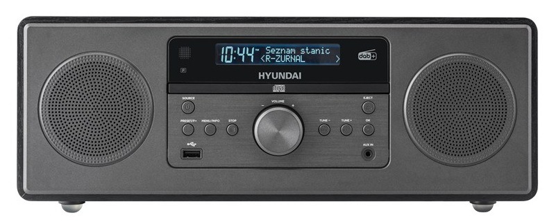 Predný panel audio systému Hyundai MSD505DAB s ovládacími tlačidlami, otočným voličom hlasitosti, USB vstupom a LCD displejom