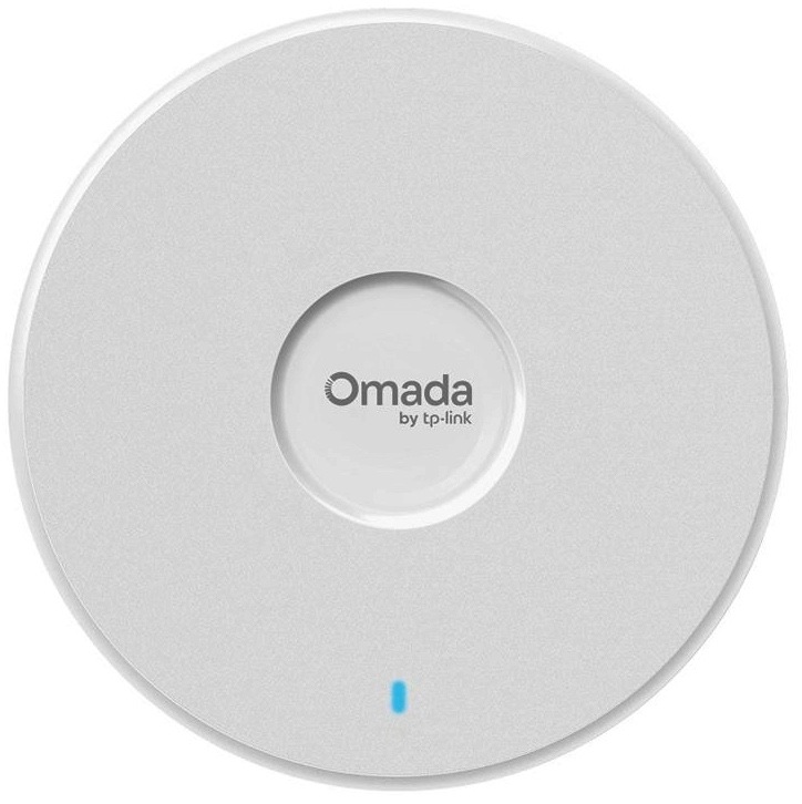 Biely okrúhly prístupový bod TP-Link Omada pre montáž na strop alebo stenu. Uprostred je logo Omada by TP-Link a dole malá modrá stavová kontrolka.