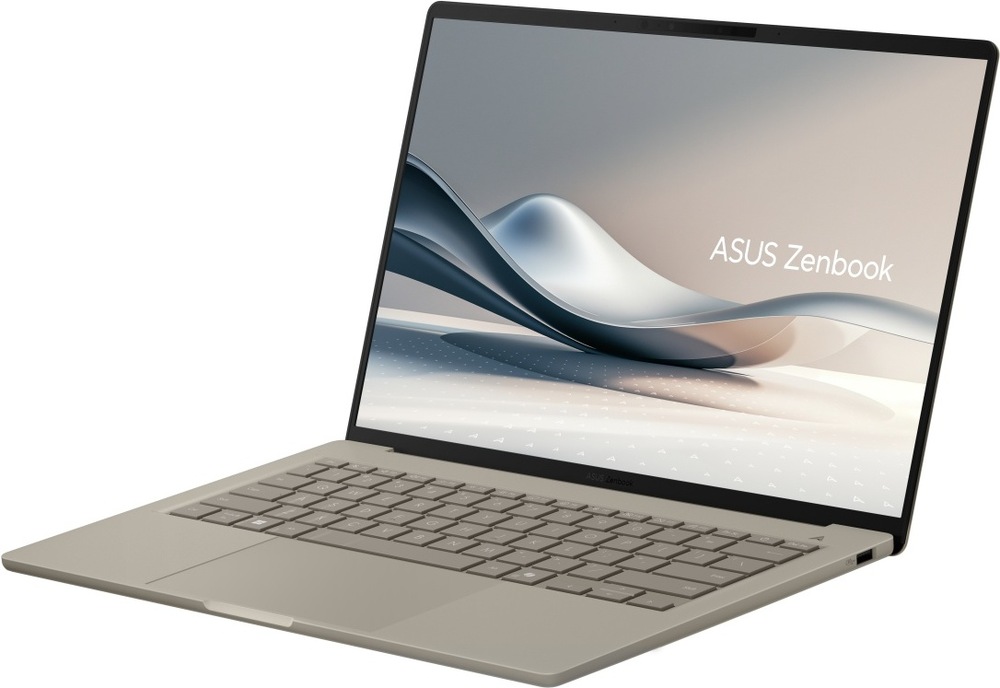 Notebook ASUS Zenbook A14 v otvorenej polohe s tenkými rámčekmi displeja