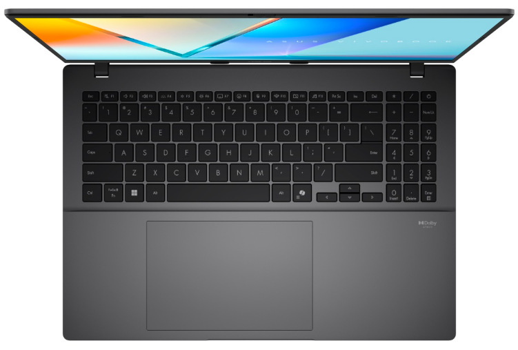 Notebook Asus Vivobook S16 sivý Pohľad zhora na podsvietenú klávesnicu s numerickou časťou a touchpad