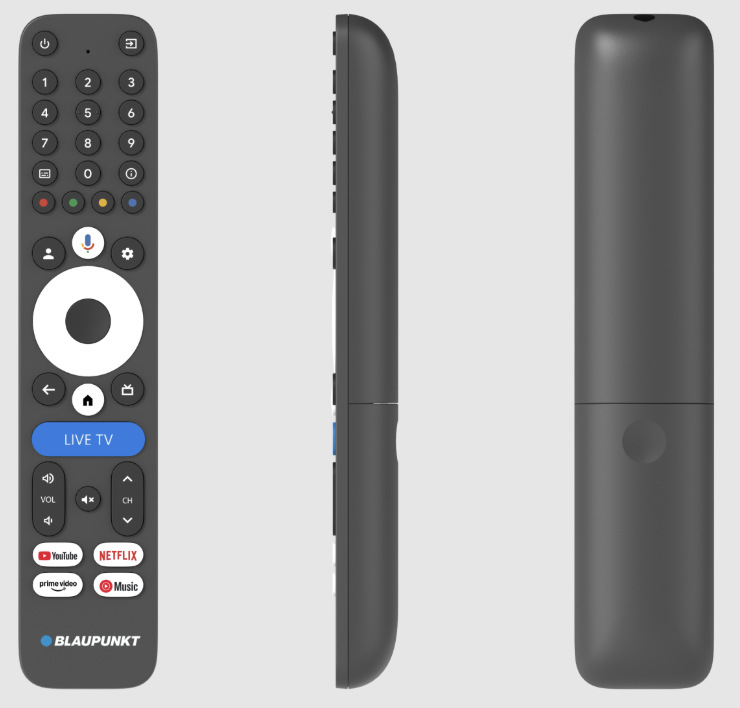 Multimediálne centrum Blaupunkt A-Stream Stick Gen2 čierne Diaľkový ovládač Blaupunkt A-Stream Stick Gen2 z prednej, bočnej a zadnej strany