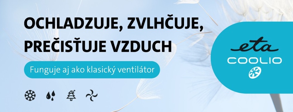 Ochladzovač vzduchu ETA Coolio 0568 90000 biely anner ETA Coolio s textom: OCHLAZUJE, ZVLHČUJE, PREČISŤUJE VZDUCH a Funguje aj ako klasický ventilátor, s ikonami pre chladenie, zvlhčovanie, čistenie a ventilátor