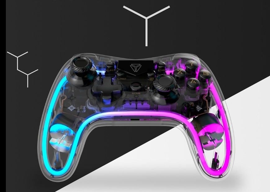 Gamepad YENKEE JOYPAD, PC, PS3/PS4, NS, Android, iOS priehľadný Gamepad YENKEE JOYPAD – priehľadné telo s neónovým podsvietením