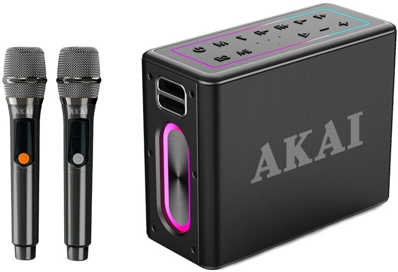 Prenosný reproduktor AKAI ABTSW-120 čierny Karaoke reproduktor Akai s RGB podsvietením a dvoma bezdrôtovými mikrofónmi.
