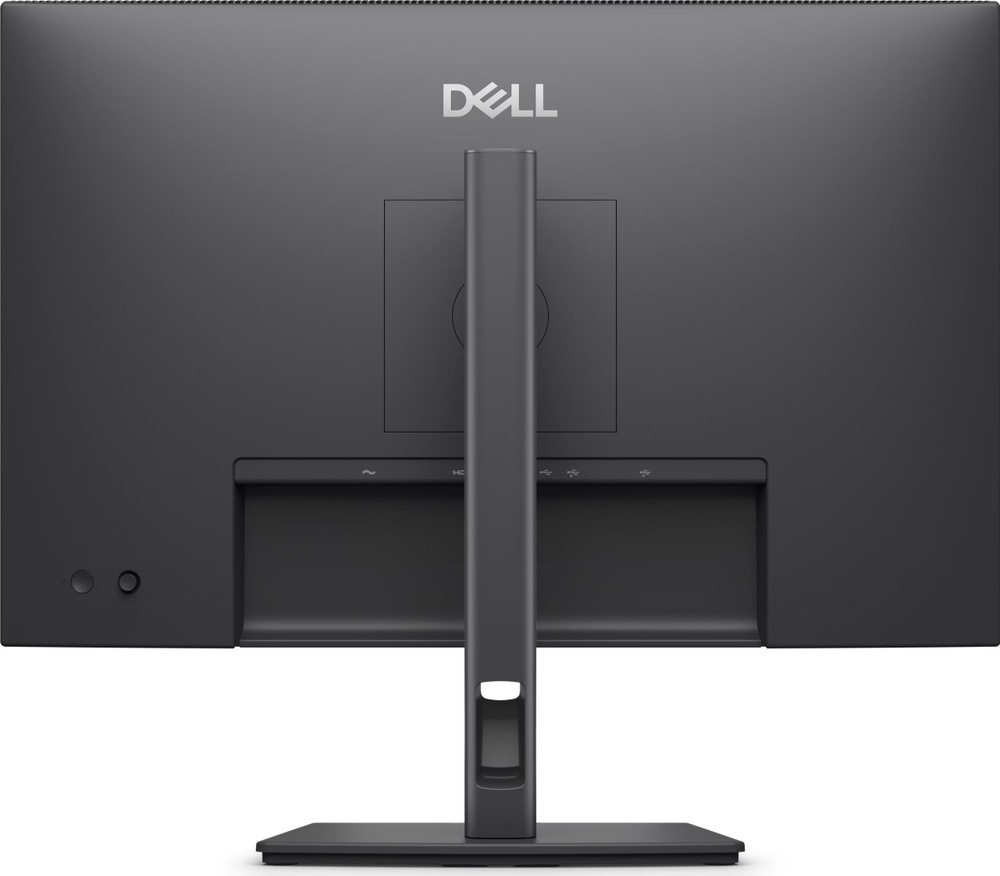 Monitor Dell Pro P 24 P2426 čierny Čierny monitor Dell Pro P2426 zo zadnej strany, so stredovým stojanom, otvorom pre vedenie káblov a zapusteným panelom konektorov.