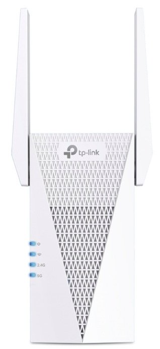 Čelný pohľad na Wi-Fi extender TP-Link RE715X s dvoma externými anténami a LED indikáciou
