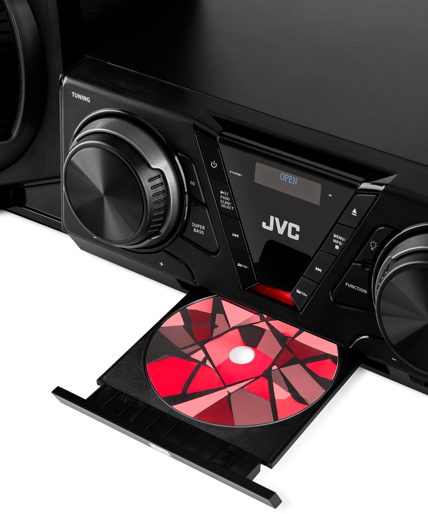 Pohľad na vysunutú CD mechaniku minisystému JVC MX-E325B-DAB s vloženým diskom, zdôrazňujúci podporu klasických médií