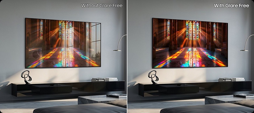 Televízor Samsung QE42S92H Televízia Samsung S92H s odleskami na ľavej polovici a na pravej polovici bez odleskov