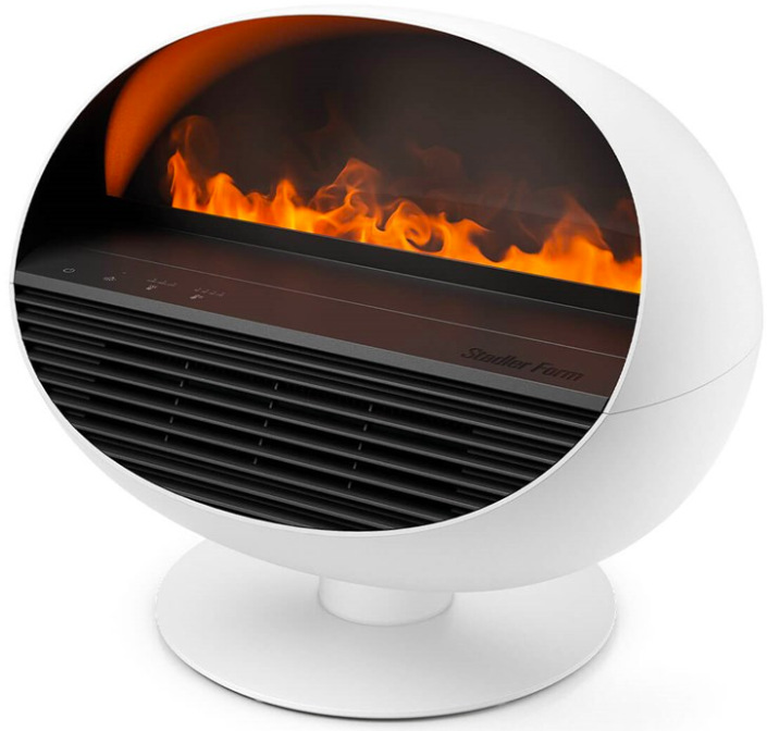 Teplovzdušný ventilátor Stadler Form Erik White s efektom oranžového plameňa na podstavci