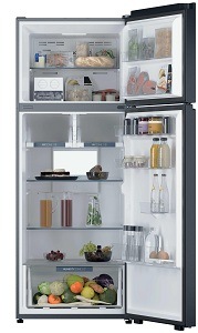 naplnená chladnička haier HPR5718DNMB s otvorenými dverami