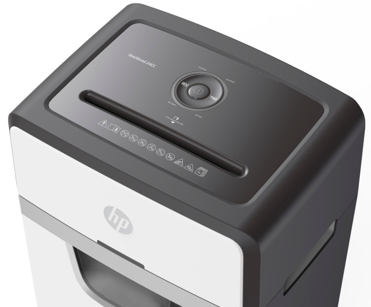 Horný panel skartovača HP OneShred 24CC s ovládacími tlačidlami a vstupným otvorom pre papier