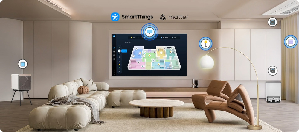 Televízor Samsung UE50U8072F Televize v obývacím pokoji - aplikace SmartThings na obrazovce