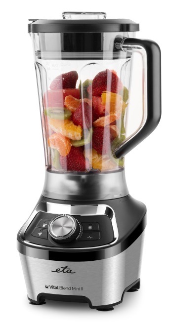 Stolný mixér ETA Vital Blend Mini II 5100 90000 čierny/nerez Stolný mixér ETA Vital Blend Mini II v nerezovom dizajne, s priehľadnou nádobou plnou nakrájaného čerstvého ovocia ako sú jahody, kivi a mandarínky