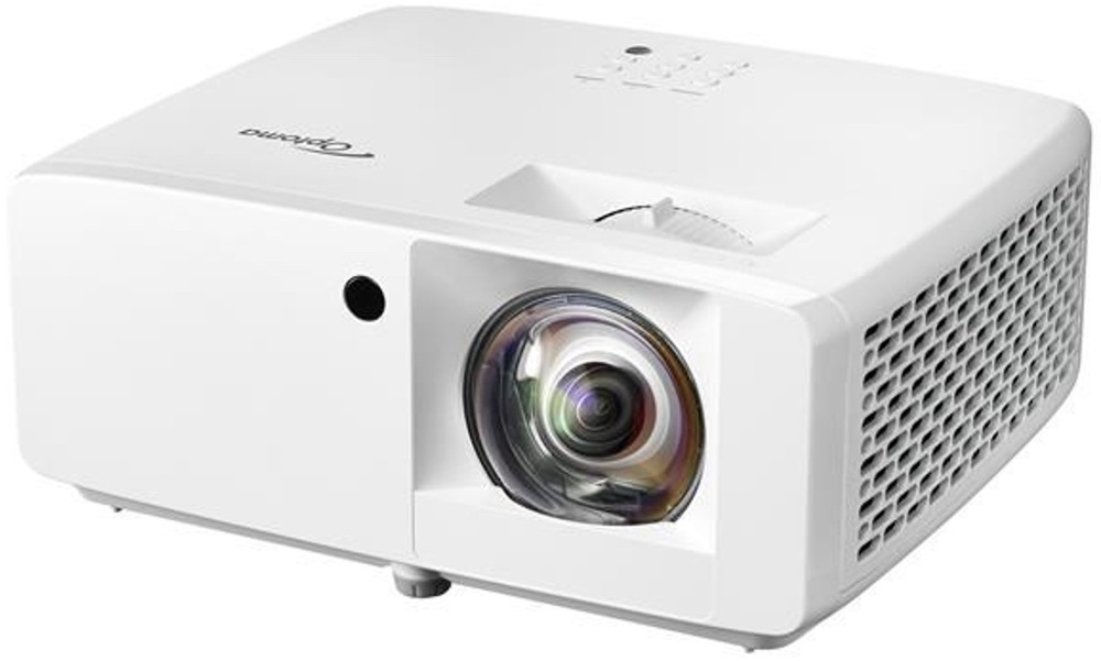 Detail šošovky projektora Optoma GT2000HDR s krátkou projekčnou vzdialenosťou v bielom prevedení