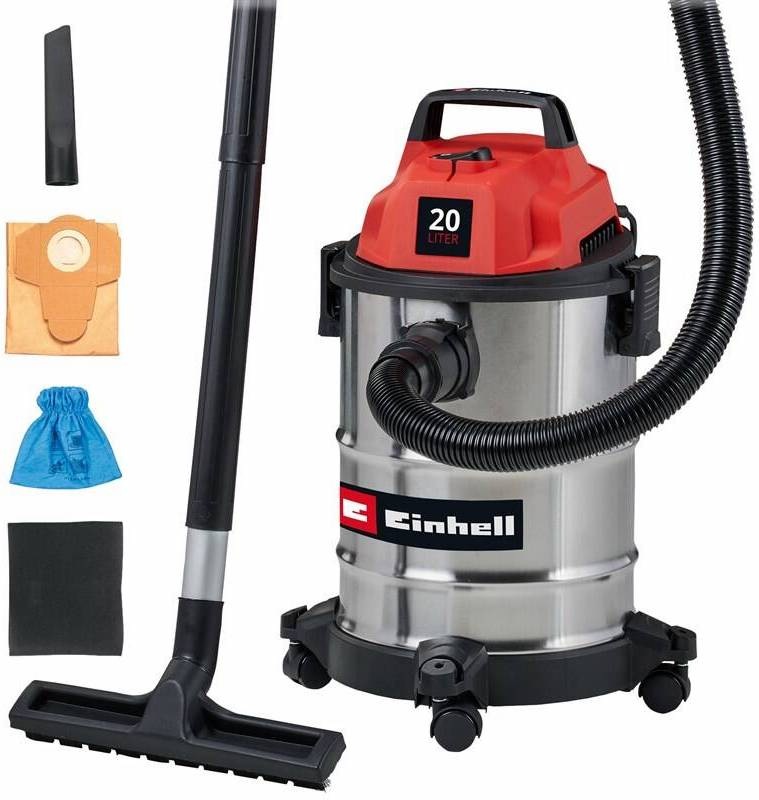 Priemyselný vysávač Einhell TC-VC 2045 S v červenom a nerezovom prevedení s nádobou 20 l a príslušenstvom