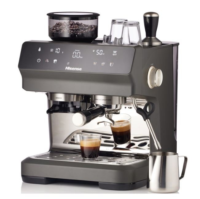 Espresso Hisense HSACM20LP antracitová farba pákový kávovar Hisense HSACM20LP natočený z boku v antracitovej farbe pripravuje dve espressá