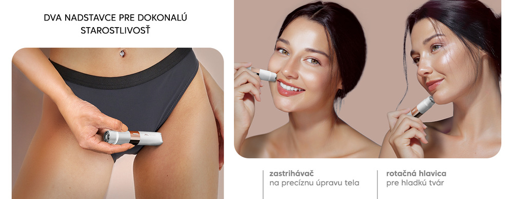 Elegantný biely a ružovo-zlatý strojček ETA Fenité v detailnom pohľade, ktorý ukazuje unikátny obojstranný dizajn: presný zastrihávač chĺpkov na tele na hornom konci a rotačnú holiacu hlavicu na tvár na spodnom konci