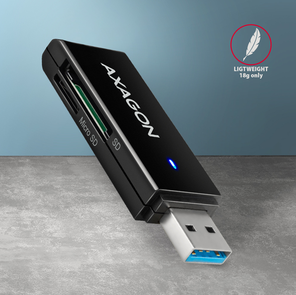 Čítačka pamäťových kariet Axagon Card Reader USB-A 3.2 Gen 1, 2-slot & lun SD/microSD, UHS-I čierna Axagon Card Reader USB-A 3.2 Gen 1 váži len 11 g, takže je krásne kompaktný