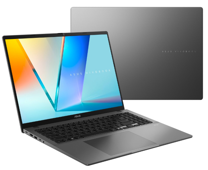 Notebook Asus Vivobook S16 sivý ASUS Vivobook S16 v otvorenom a zatvorenom prevedení s matne šedým povrchom