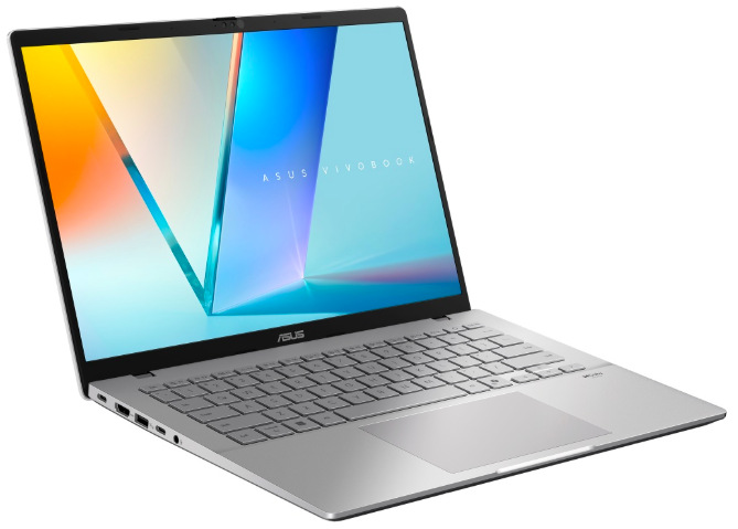 Notebook Asus Vivobook S14 strieborný Strieborný ASUS Vivobook S14 z ľavého uhla s klávesnicou a bočnými konektormi