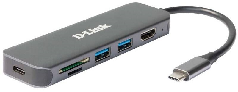 USB Hub D-Link 6v1 z USB-C na HDMI s čítačkou SD/microSD kariet a funkciou Power Delivery sivý