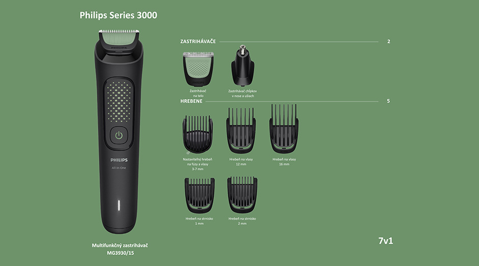 Philips Series 3000 multifunkčný zastrihávač 7 v 1 MG3930/15, Zastrihávač a nástavce