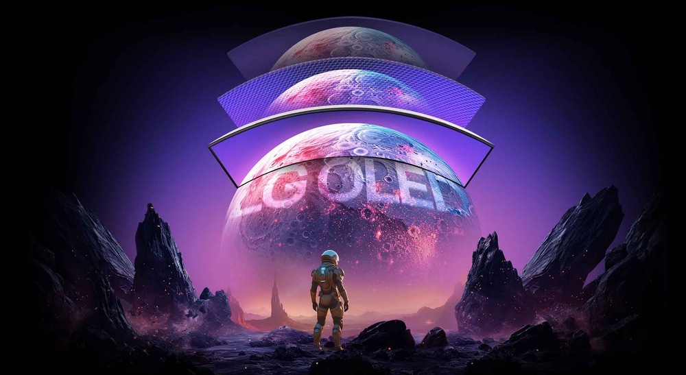 Herný monitor LG UltraGear 34GX90SA-W čierny/biely Osamelý astronaut stojí pred žiarivou, vrstevnatou planétou s nápisom „LG OLED“. Scéna sa odohráva v tajomnej, skalnatej mimozemskej krajine.