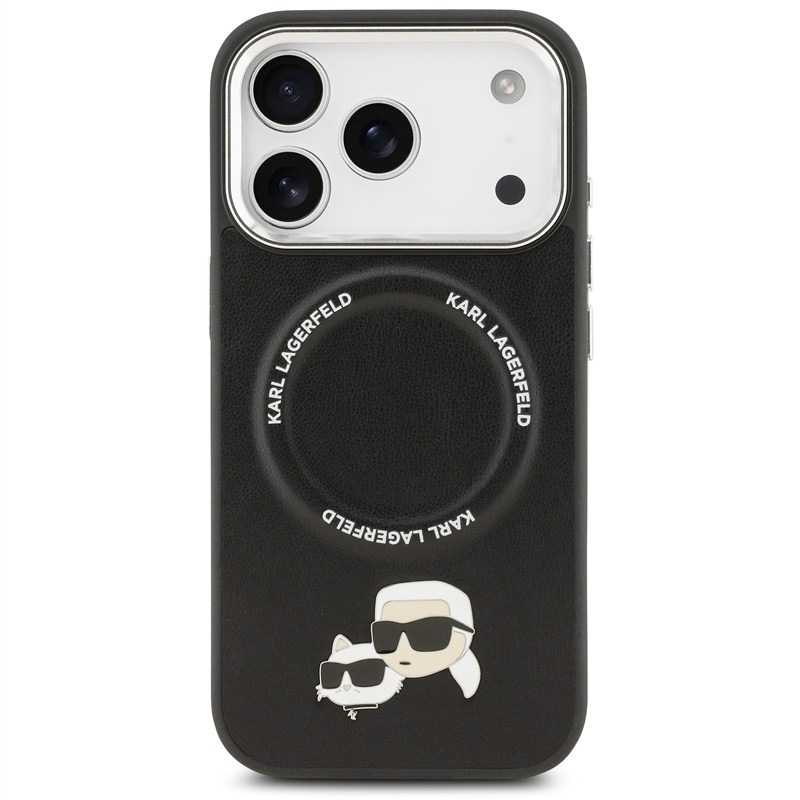 Karl Lagerfeld PU Karl a Choupette Heads Pins MagSafe na Apple iPhone 17 Pro v čiernom prevedení.