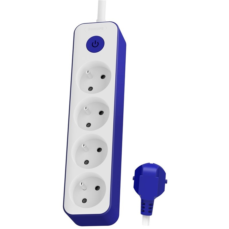 Kábel predlžovací Philips 4x zásuvka, s vypínačom, 1,5 m biely/modrý