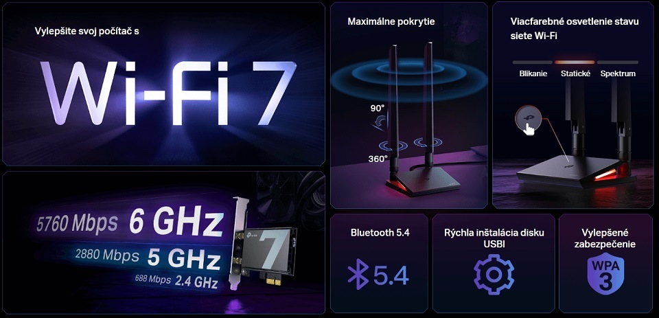 Sieťová karta TP-Link Archer TBE550E, BE9300 Wi-Fi 7 Bluetooth PCIe čierna Sieťová karta TP-Link Archer TBE550E, BE9300 Wi-Fi 7 Bluetooth PCIe čierna