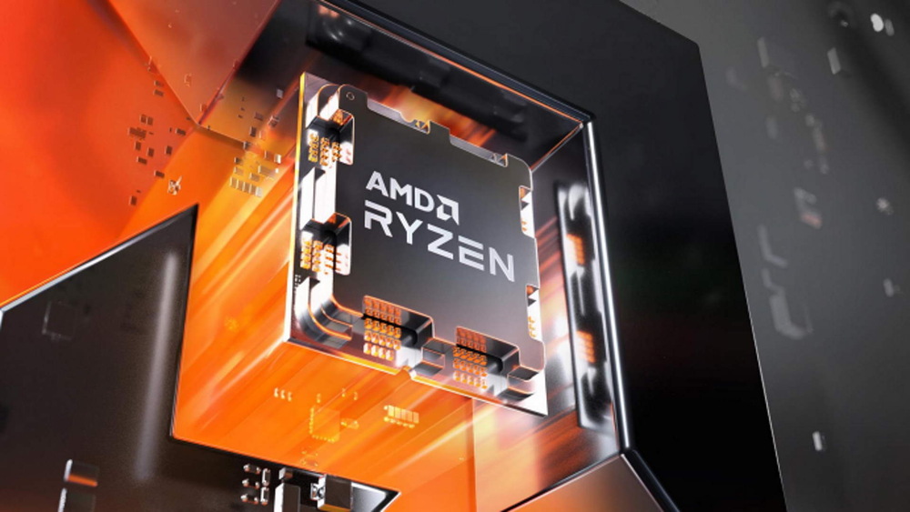 Futuristický obraz procesora AMD Ryzen obklopený žiariacimi oranžovými a kovovými prvkami, stelesňujúci high-tech inovácie a energiu.