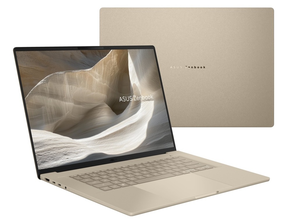 Notebook Asus Zenbook A16 béžový Dva notebooky ASUS Zenbook A16 jeden zavretý a jeden otvorený a zapnutý
