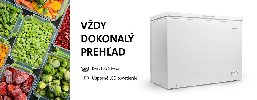 Produktový banner pre pultové mrazničky ETA. Na ľavej strane je detailný pohľad na zamrazené potraviny (hrášok, jahody, ružičkový kel a lesné plody) v plastových krabičkách, vpravo je zatvorená biela pultová mraznička na bielom pozadí. Text: Vždy dokonalý prehľad. Ikony a zoznam výbavy: Praktické koše, Úsporné LED osvetlenie