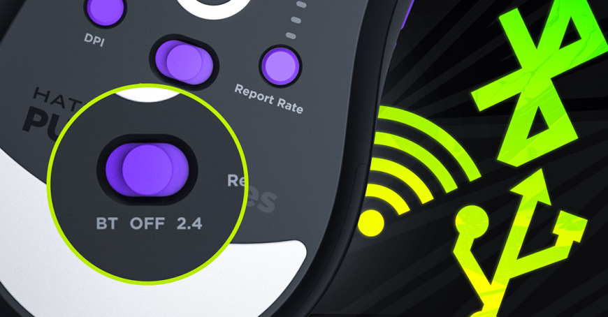 Myš HATOR Pulsar 3 ULTRA čierna Spodný prepínač myši HATOR Pulsar 3 Ultra 4K Wireless so symbolmi troch spôsobov pripojenia