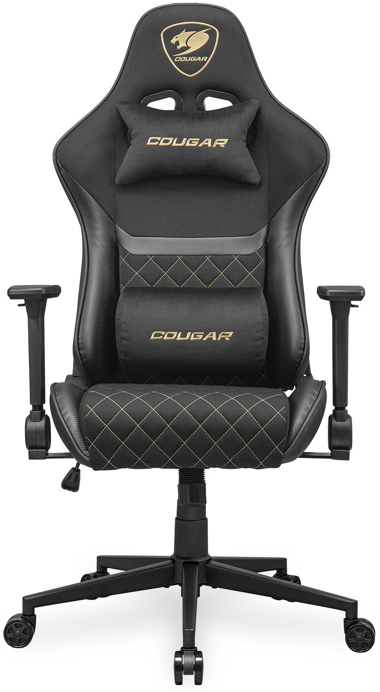 Detail hornej časti stoličky Cougar Armor One V2 F s vankúšikom a zlatým logom na operadle