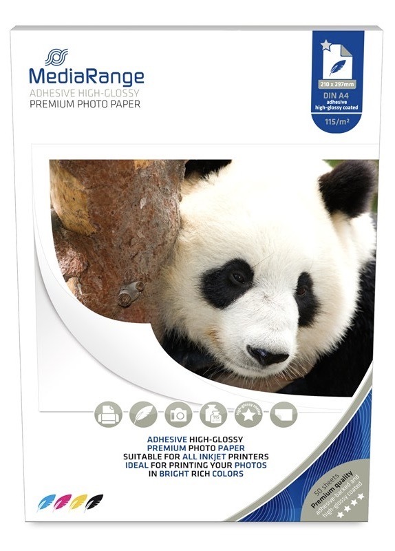 Lesklý fotopapier MediaRange s lepiacou zadnou stranou, biela farba