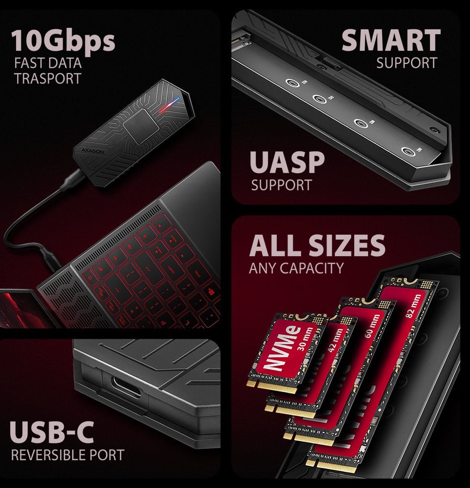 Na obrázku je reklamná koláž k externému boxu AXAGON GAME pre M.2 SSD. Grafika je rozdelená do niekoľkých častí na čierno-červenom pozadí a ukazuje hlavné vlastnosti zariadenia. Vľavo hore je box pripojený k notebooku s informáciou o rýchlosti 10 Gb/s, dole detail USB-C konektora. Vpravo hore je otvorené vnútro boxu so zmienkou o podpore SMART a UASP. Vpravo dole sú zobrazené rôzne dĺžky NVMe SSD modulov, takže obrázok zdôrazňuje kompatibilitu s viacerými formátmi.