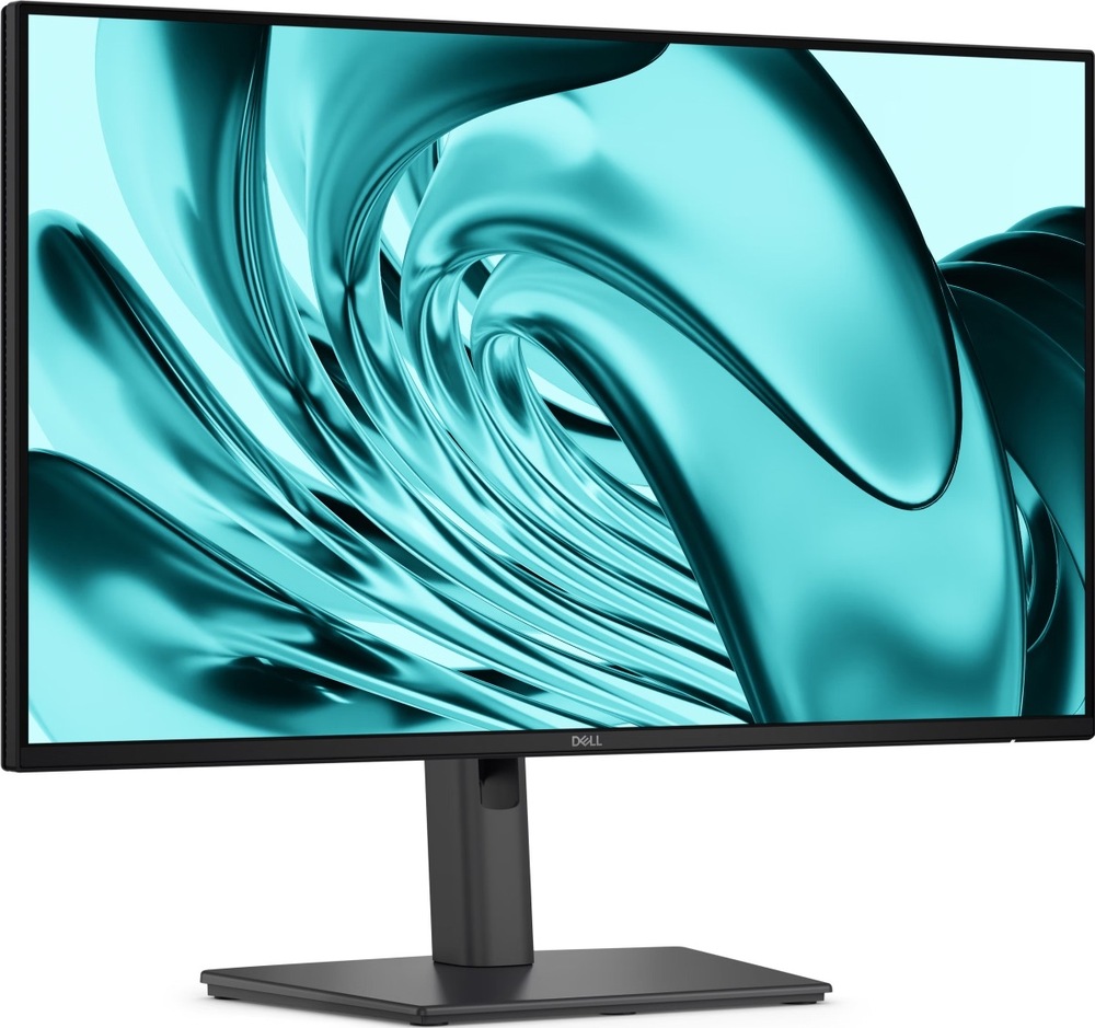Šikmý čelný pohľad na čierny monitor Dell Pro P2426H s tenkými rámčekmi, stredovým stojanom a širokou obdĺžnikovou základňou.