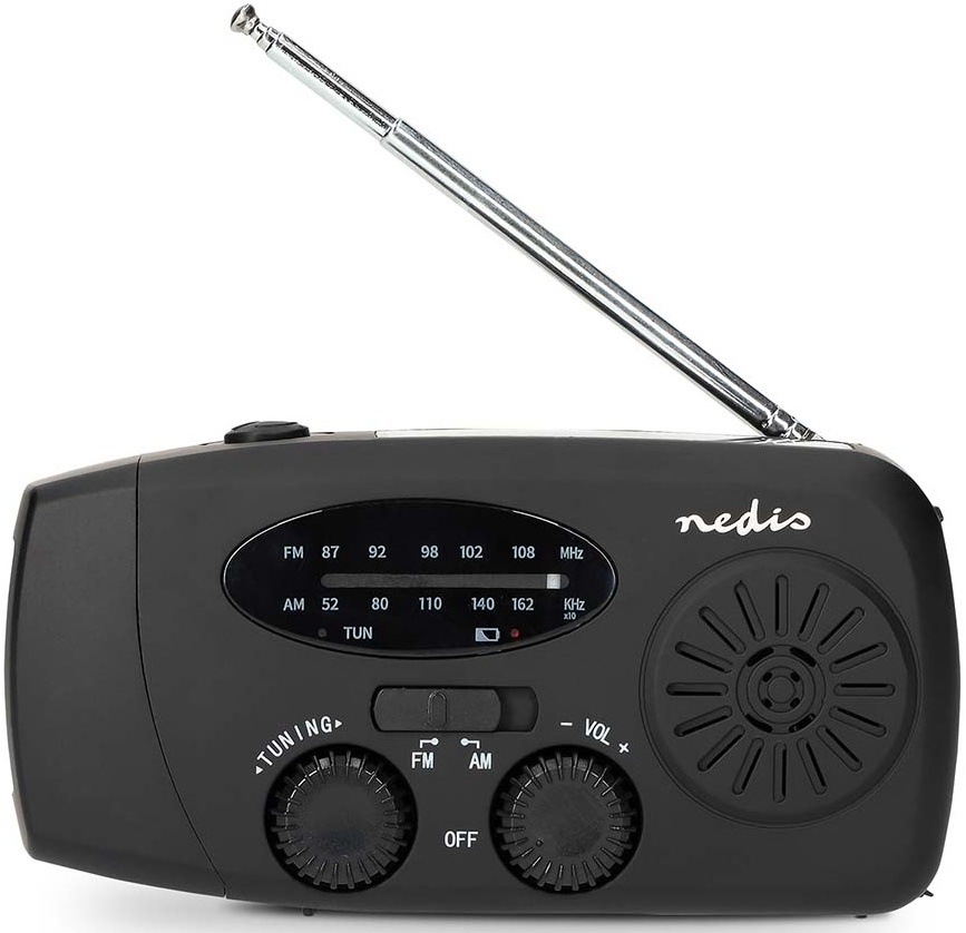 Rádioprijímač Nedis RDFMCR2000 čierny Čelný pohľad na rádio Nedis RDFMCR2000BK s vytiahnutou teleskopickou anténou a ovládacími prvkami.
