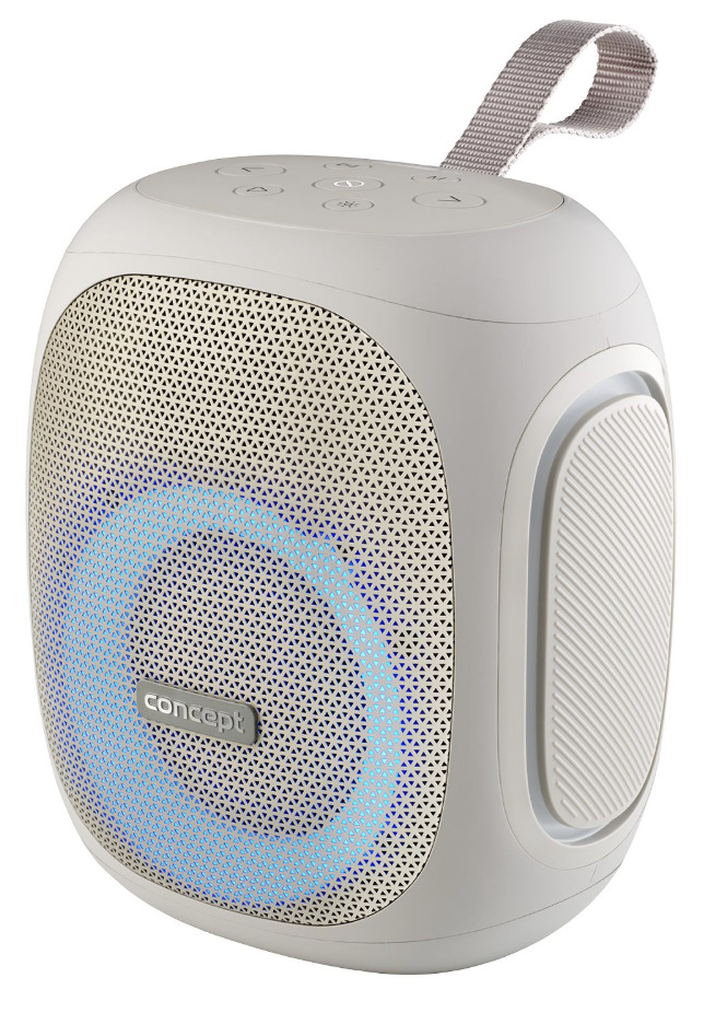Sivý reproduktor Concept SoundJoy BR5036 s modrým LED osvetlením a pútkom