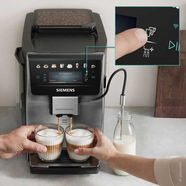 Automatický kávovar Siemens EQ600 iAroma TP605ET3 nerez Dve kávové špeciality pripravené v kávovare Siemens TP605ET3