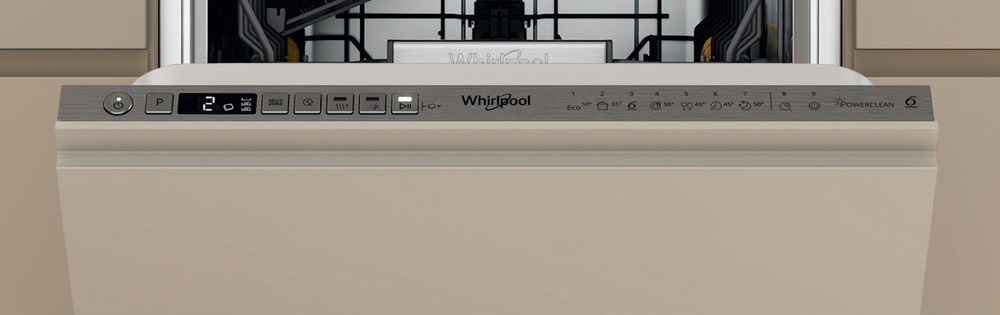 Detail na plne integrovaný panel vstavanej umývačky riadu 45 Whirlpool WH6IA10BS7L0
