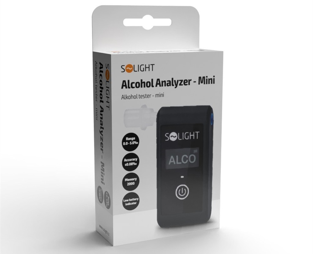 Alkoholtestér Solight 1T09 čierny Alkoholtester Solight 1T09 5,0 ‰ je počas 5-6 s fúkania pripravený na poskytnutie výsledkov