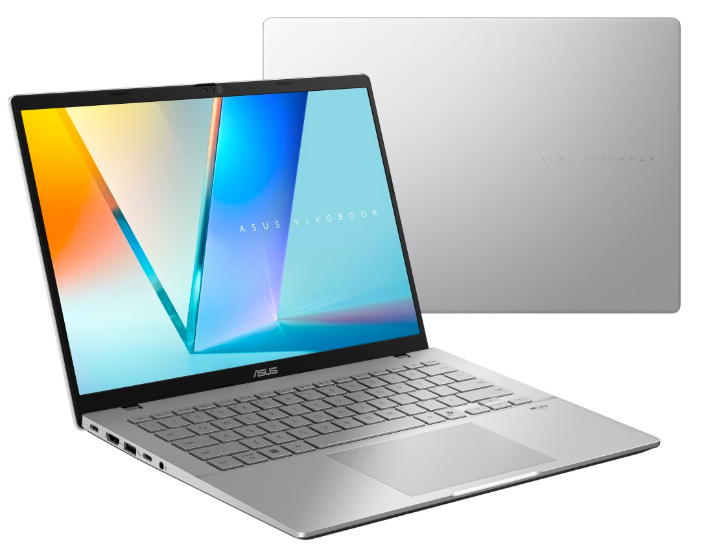 Notebook Asus Vivobook S14 strieborný Otvorený a zatvorený ASUS Vivobook S14 so strieborným hliníkovým vekom