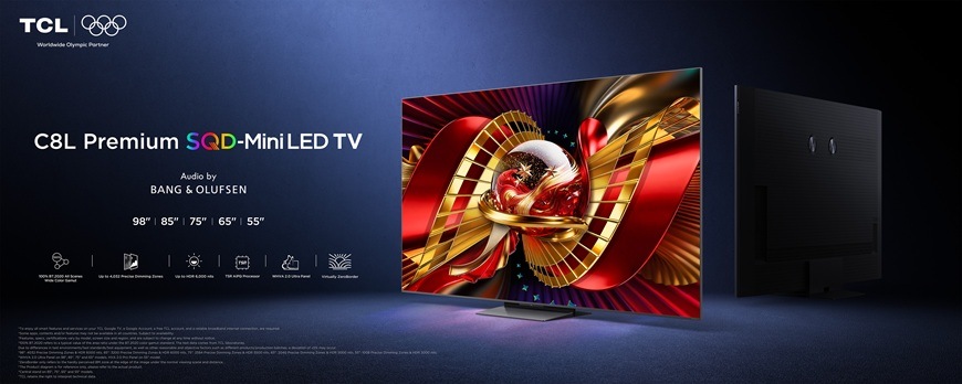 Televízor TCL 98C8L Televízia TCL 98C8L Premium QD-Mini LED s technológiou SQD, ukážka moderného dizajnu, vysokého jasu a špičkového obrazu s podporou Bang & Olufsen zvuku.