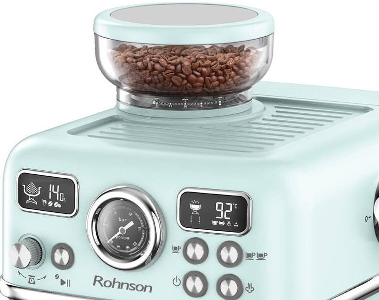 Pákový kávovar Rohnson R-98250G 2v1 svetlo modrá Na obrázku sa nachádza detail ovládacieho panelu a zásobník na kávové zrná.