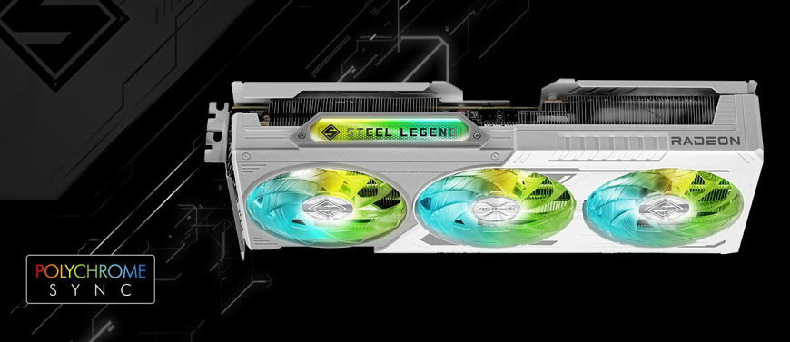Grafická karta ASRock AMD Radeon RX 9060 XT Steel Legend 16GB OC biela Bočný pohľad na ASRock Radeon RX 9060 XT Steel Legend s podsvietením STEEL LEGEND a RGB ventilátory
